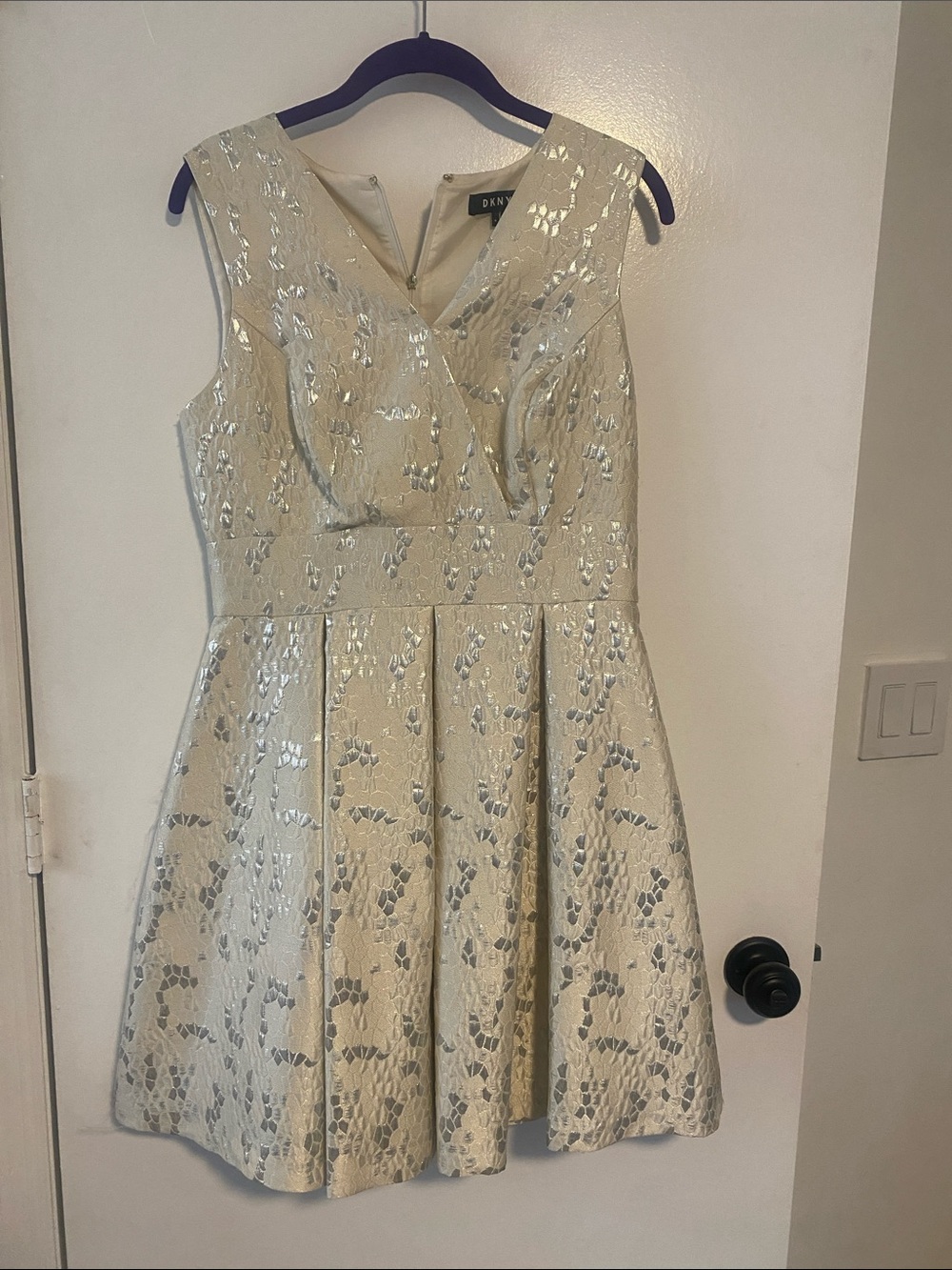 DKNY Cream Mini Dress with Silver Floral Jacquard